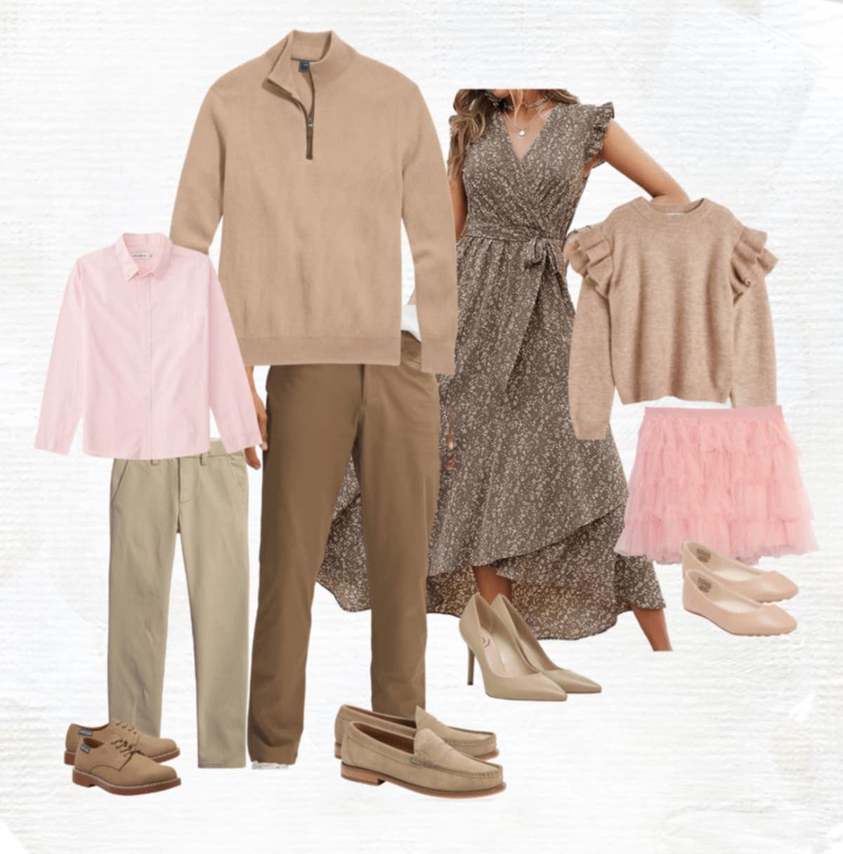 Coordinated khaki and pink outfit set featuring a sweater, pants, dress, and matching accessories laid out flat.