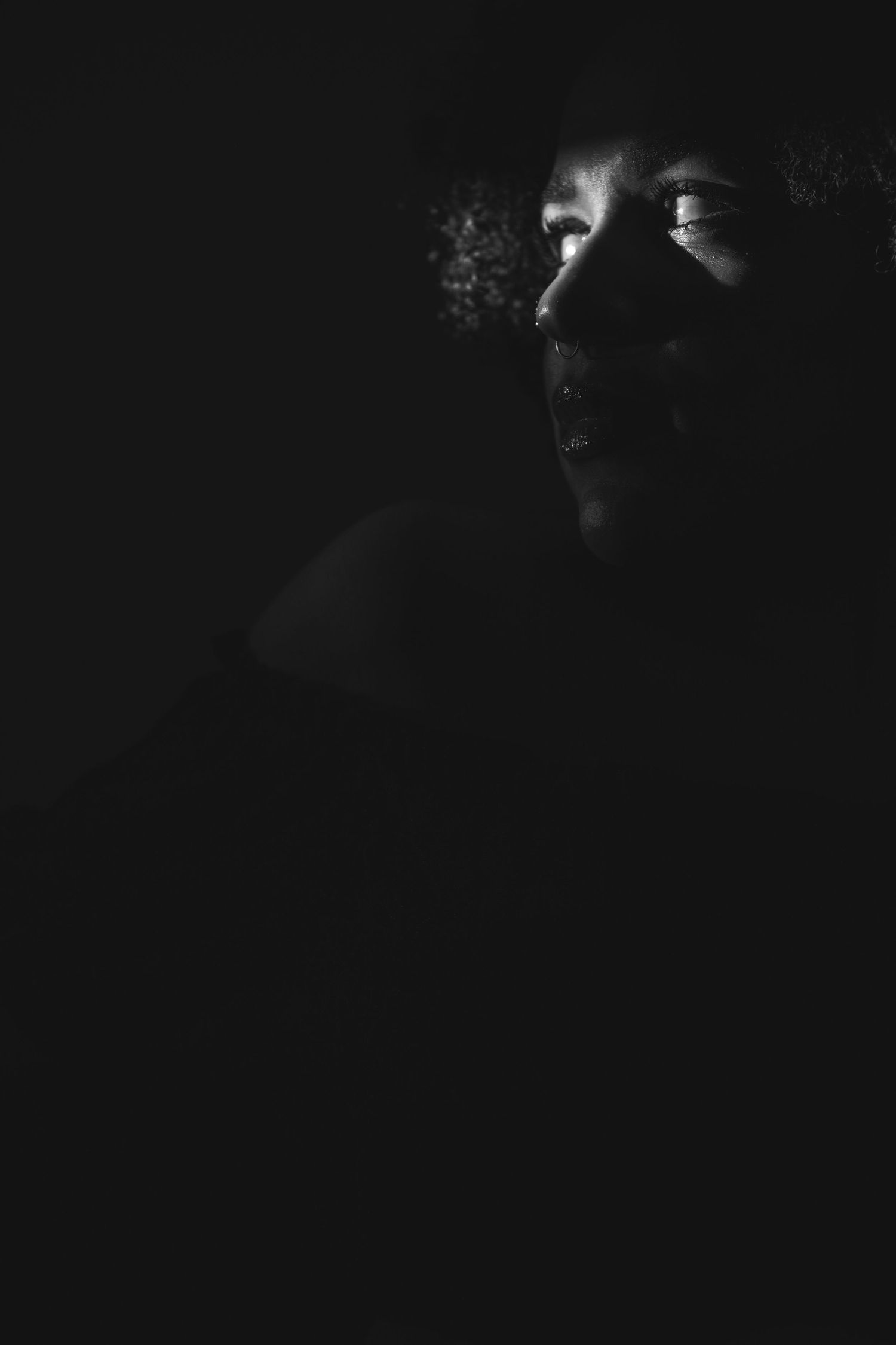A dramatic black and white portrait showing a silhouette against dark shadows.