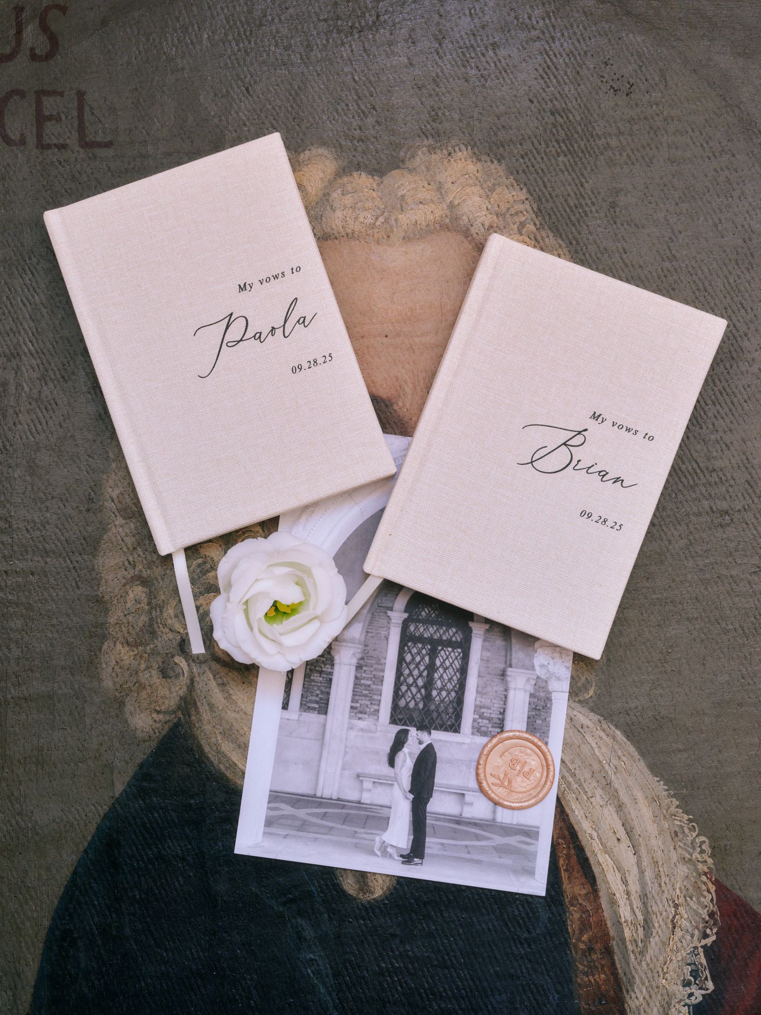 A collection of vintage-style black and white photographs displayed with handwritten name cards and decorative elements.