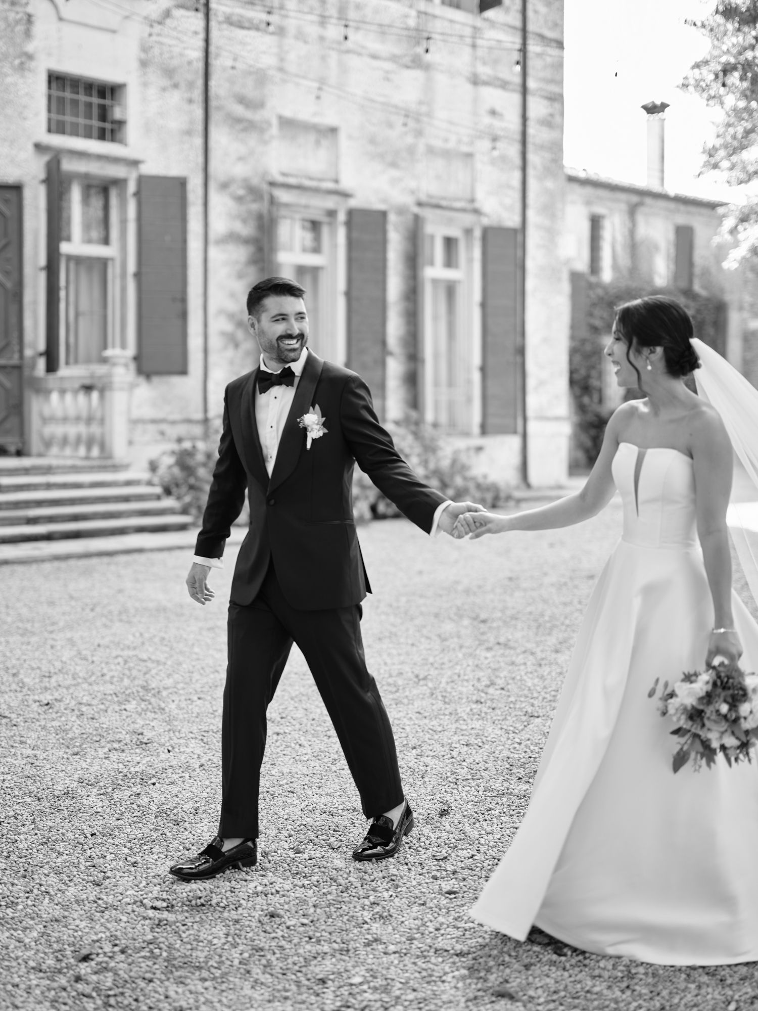 Black and white photo sequence showing playful dance movements between a bride and groom on outdoor grounds.