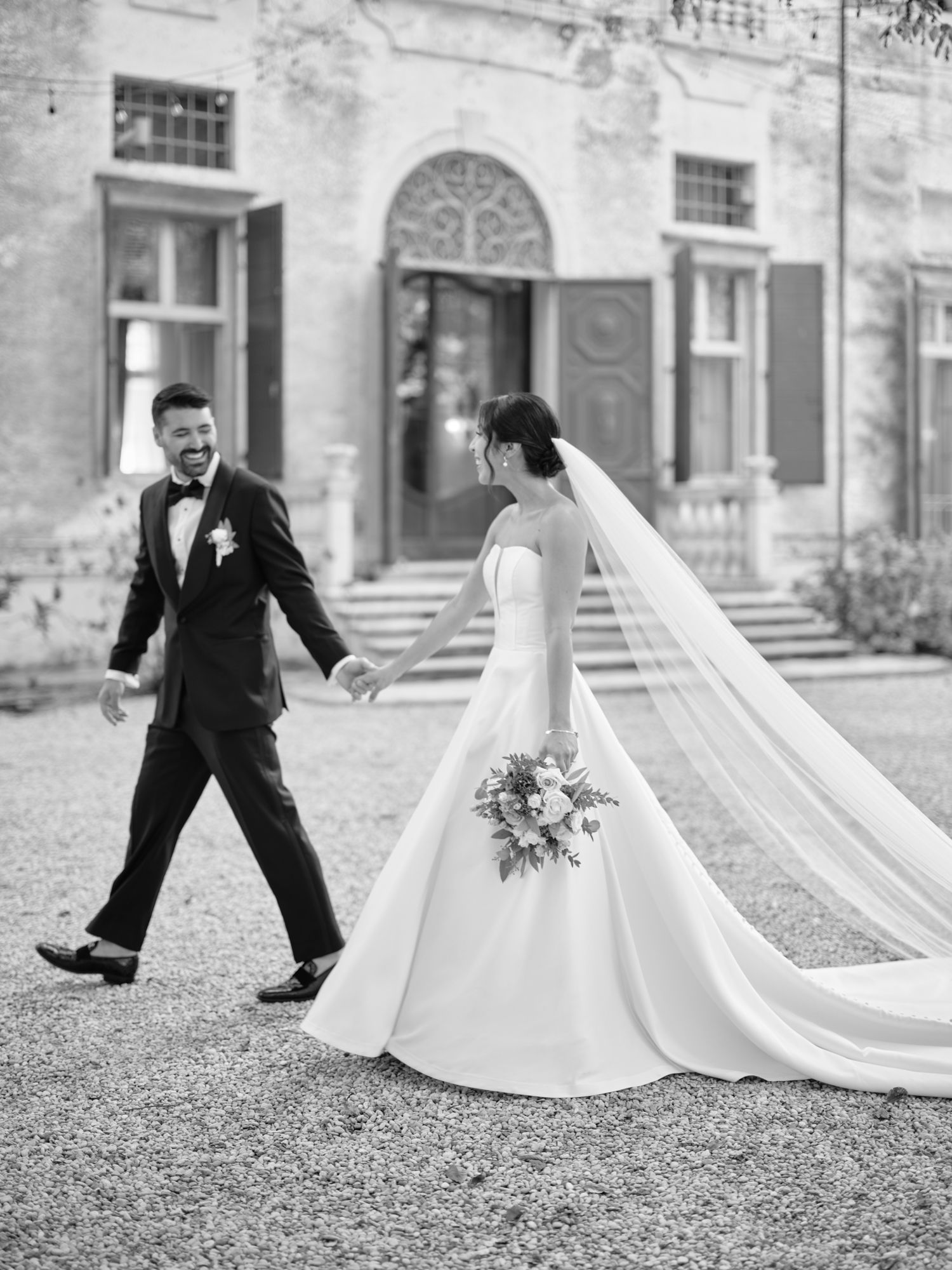 A series of black and white wedding photos showing playful moments between a couple on their special day.