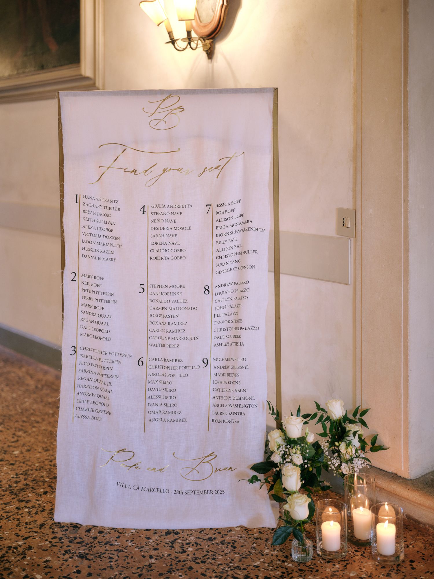 Wedding seating chart display with elegant calligraphy on white paper, illuminated by glowing candles and white floral accents.