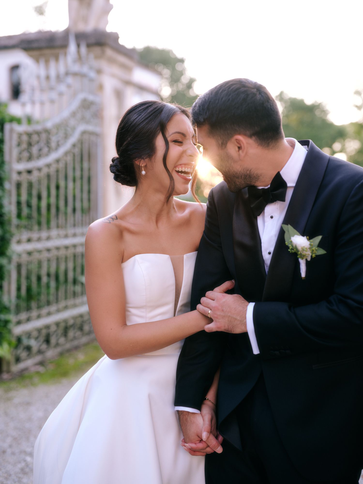 A romantic wedding couple shares intimate kisses in a series of outdoor portrait photographs at sunset.