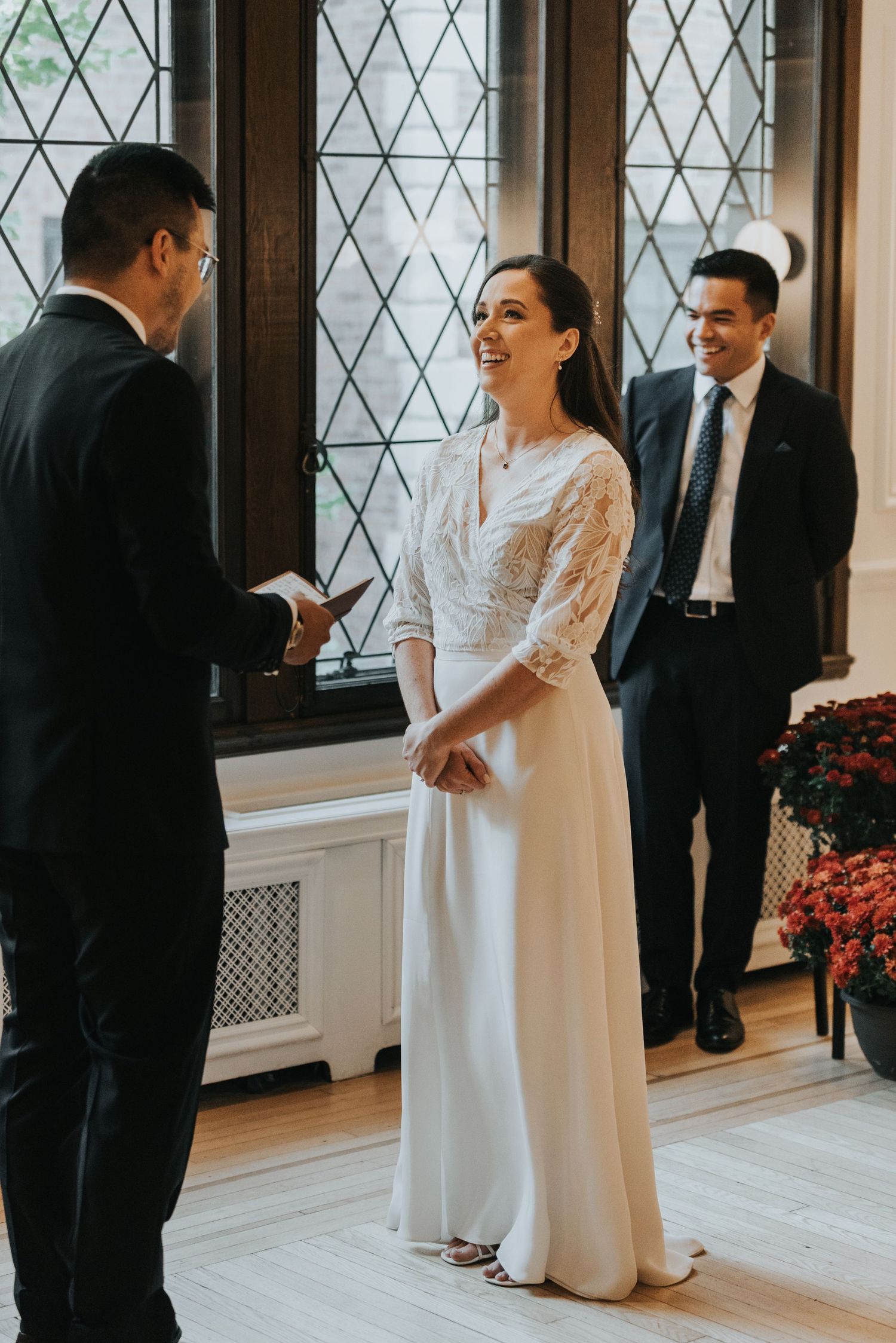 A sequence of wedding ceremony photos showing a couple in a venue with diamond-patterned windows and hardwood floors.