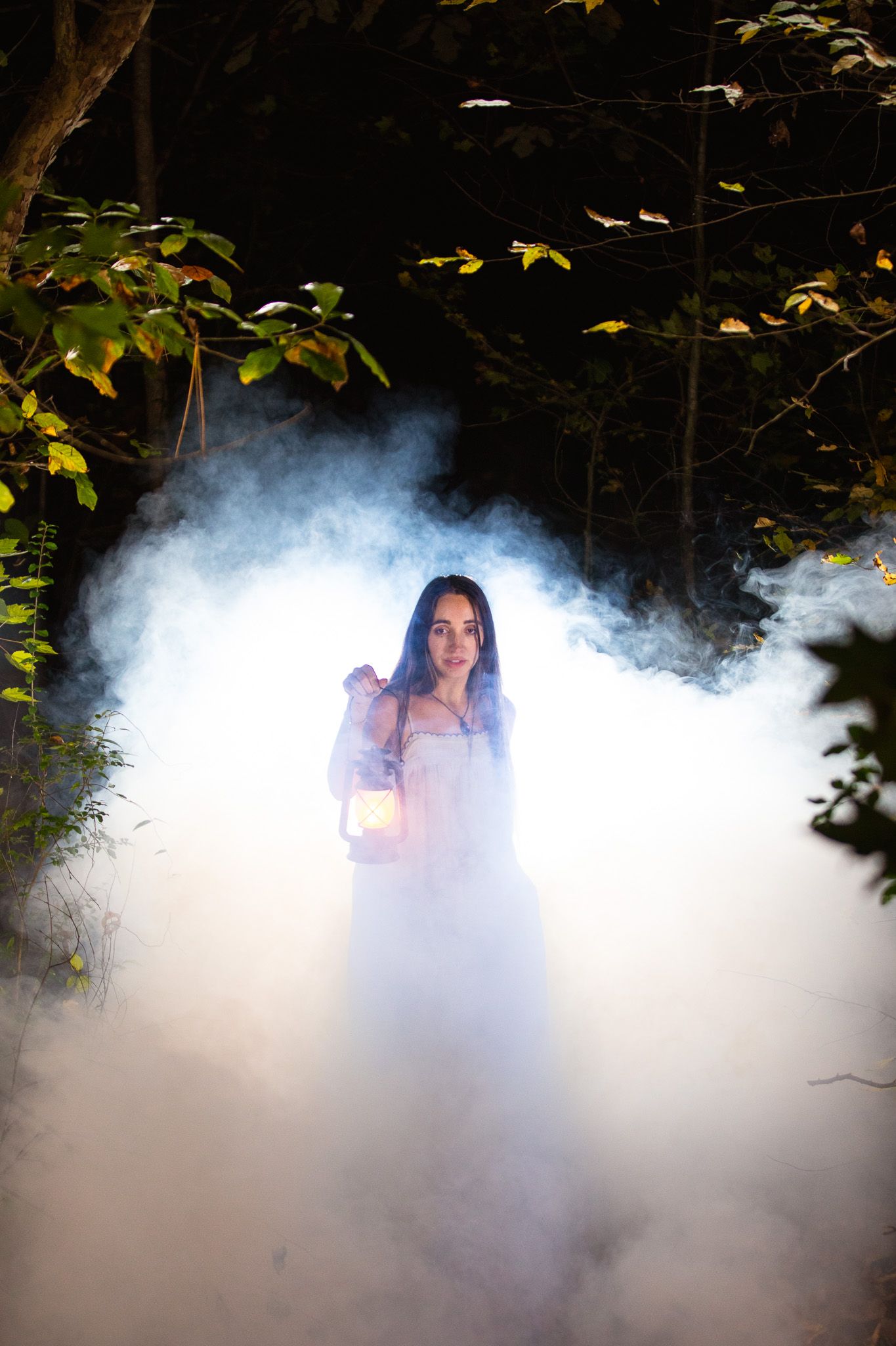 A woman in a white dress stand in a misty forest at night with a glowing lantern in hand.