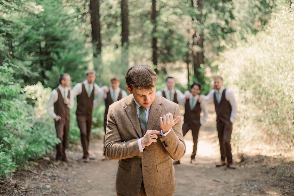 A collection of romantic forest wedding photos showing tender moments between a couple in brown attire among trees.