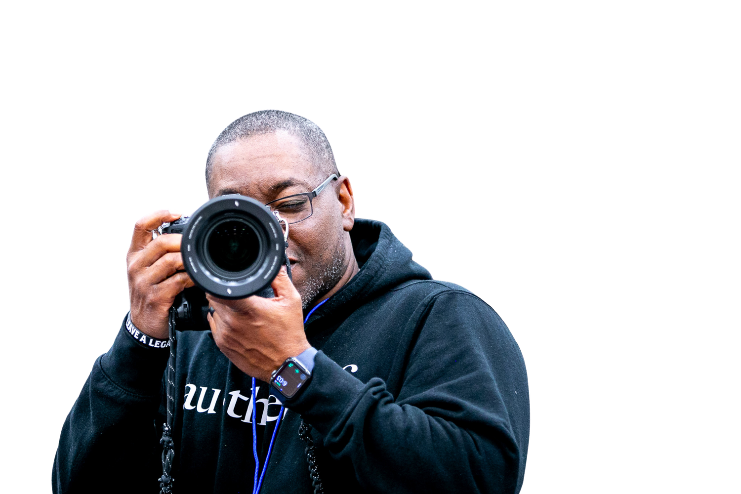 Photographer holding professional camera equipment in various shooting positions.