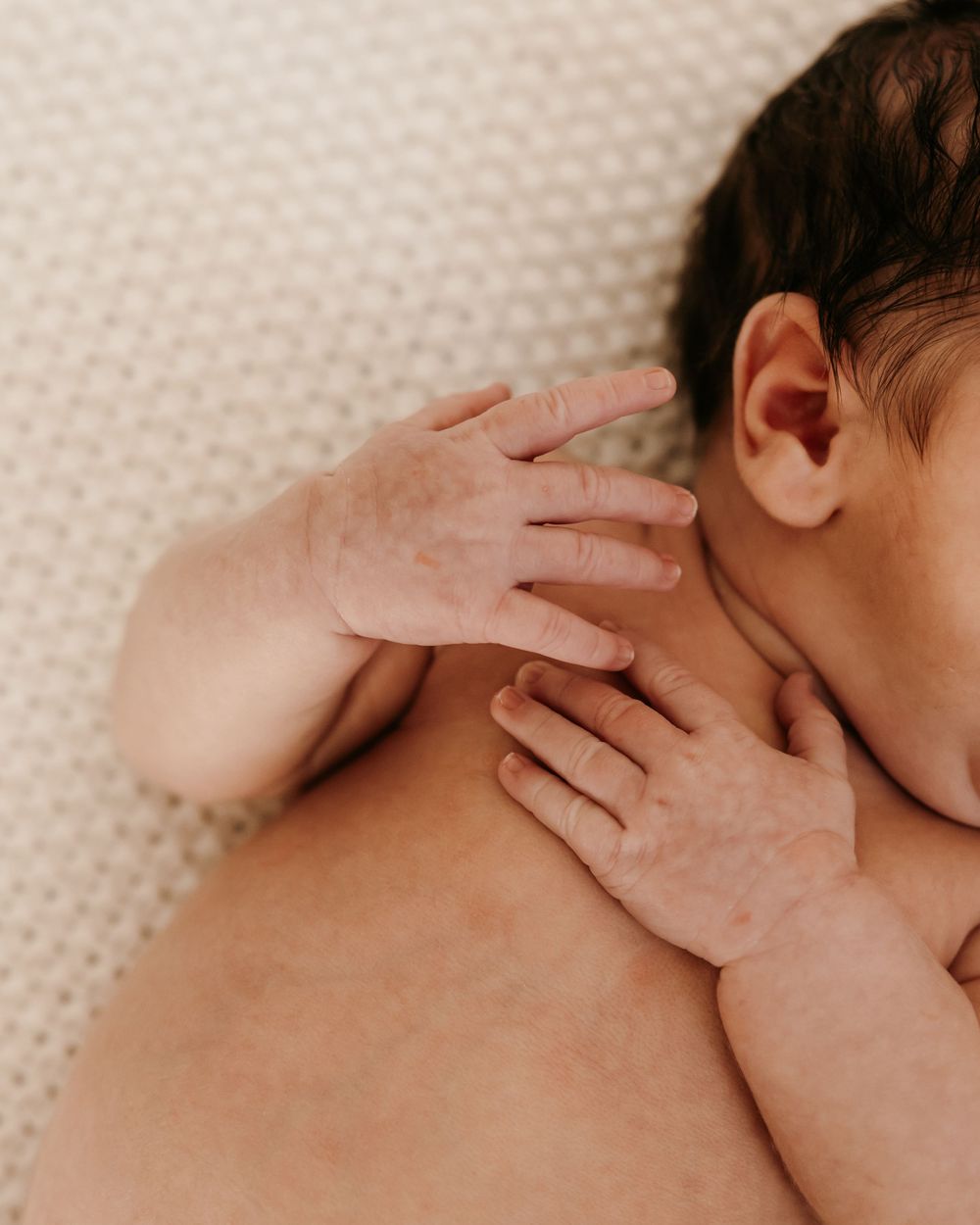 Close-up series of newborn baby hands and feet on textured white blanket.