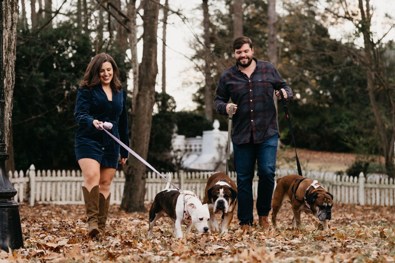 Couple walking dogs through fall foliage covered path near white picket fence.