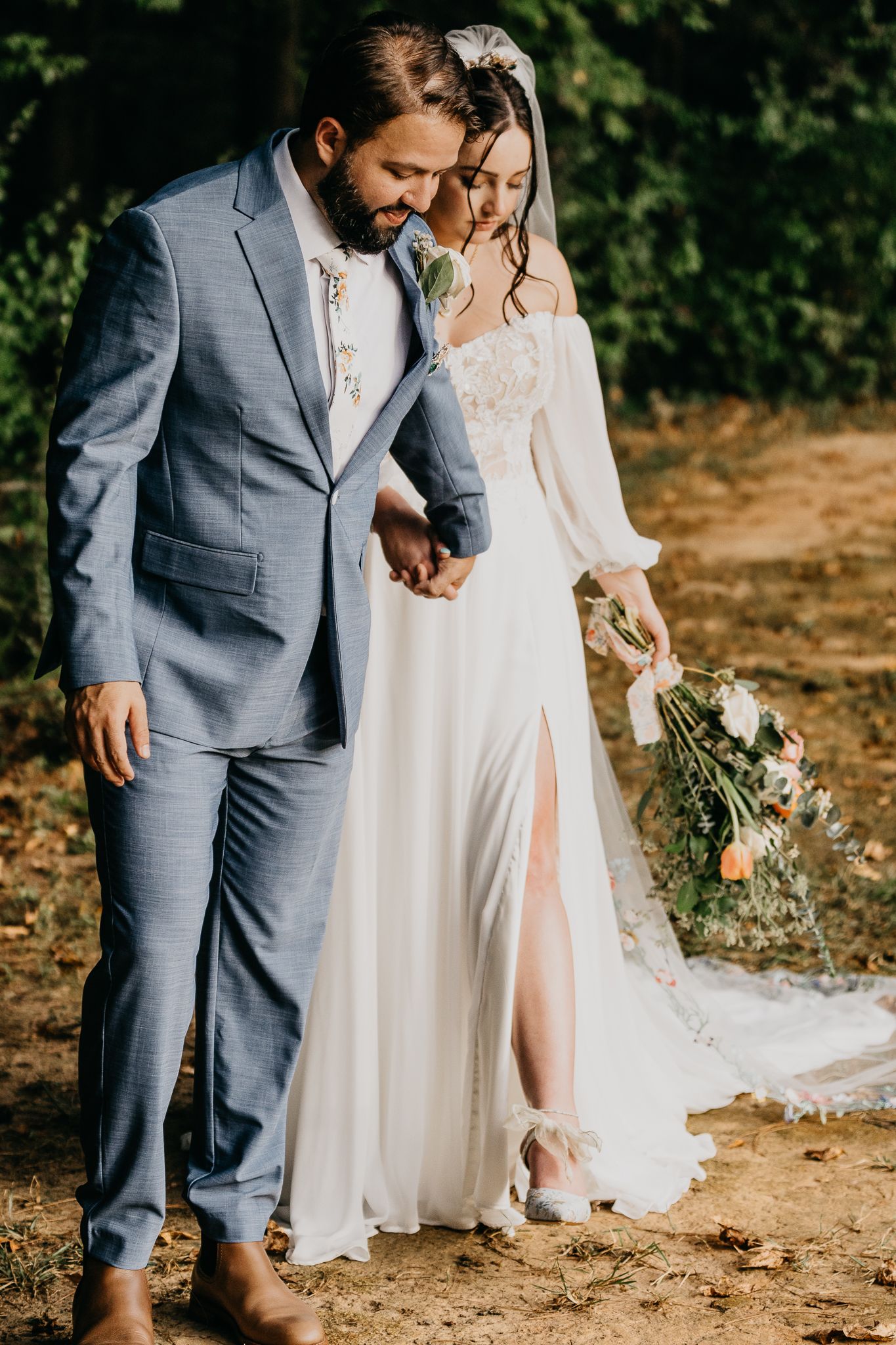 Close-up shots of a couple in wedding attire standing together outdoors, with the bride in white and groom in gray suit.