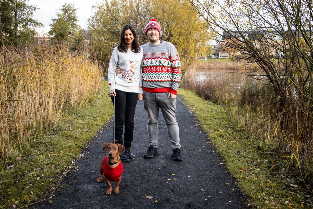 A couple in festive holiday sweaters walking their small brown dog on a path surrounded by autumn grasses.