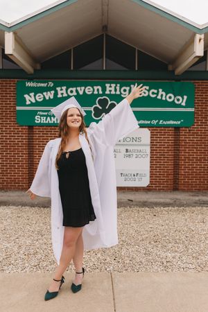 senior girl white cap and gown New Haven high school shamrocks black dress