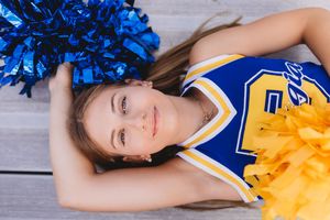 high school senior girl, senior portrait, cheerleader, blue and gold, Borgia high school