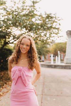 high school senior girl, senior portrait,, st Louis Lafayette square, pink dress, fountain