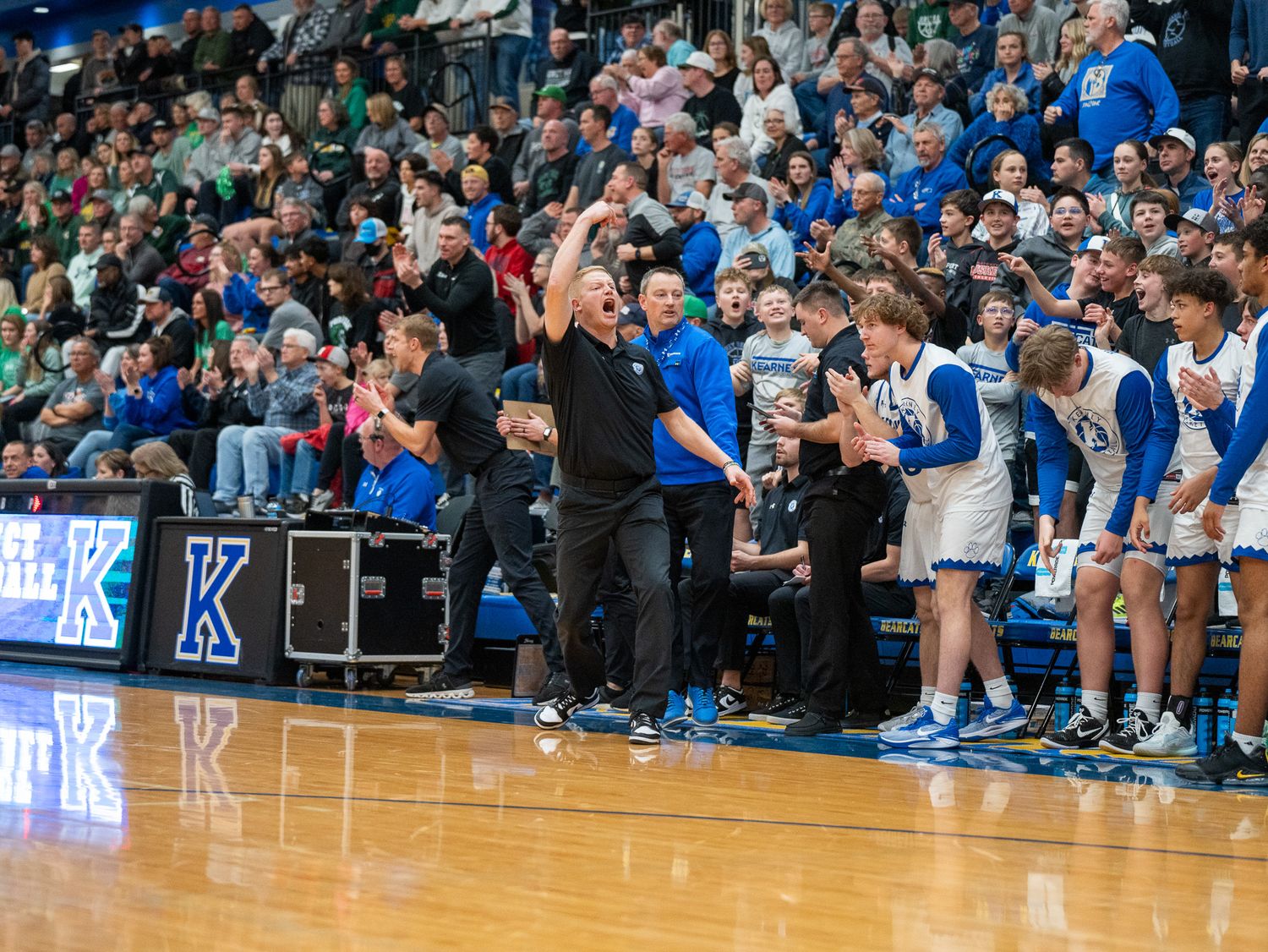 Large crowd and team bench react during exciting moment at high school basketball game.