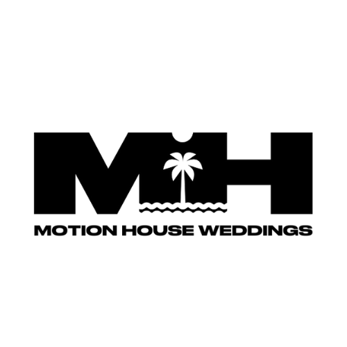 A minimalist black and white logo design featuring MH letters with a small palm tree and wave silhouette.
