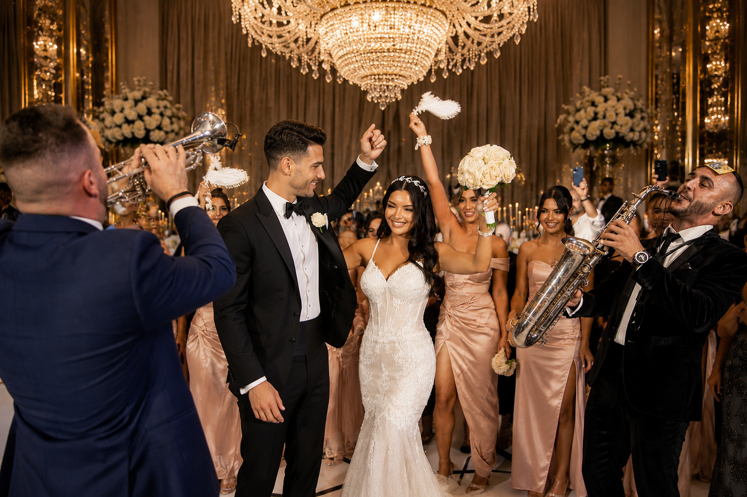 Bride and groom celebrate grand reception entrance under crystal chandelier with bridal party.