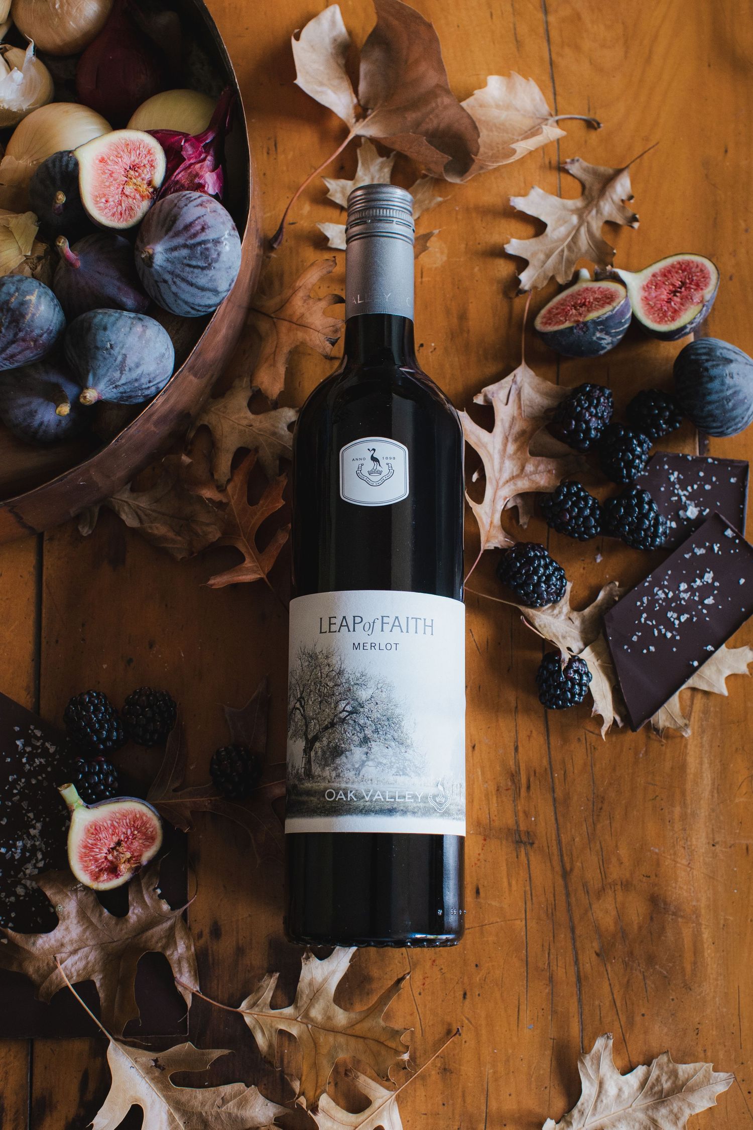 Oak Valley Leap of Faith Merlot photographed for a premium wine brand content campaign.
