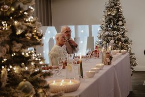 Couple toasting at a festive Christmas-themed wedding reception with decorated trees and candles.
