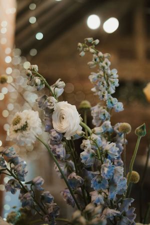 Elegant wedding floral arrangement featuring white ranunculus and soft blue delphiniums.
