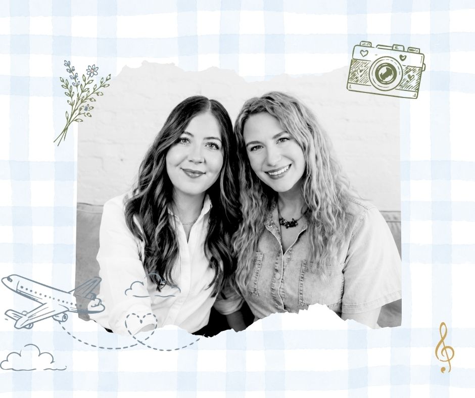 Two smiling women pose together in a black and white photo on a blue gingham background with travel doodles.