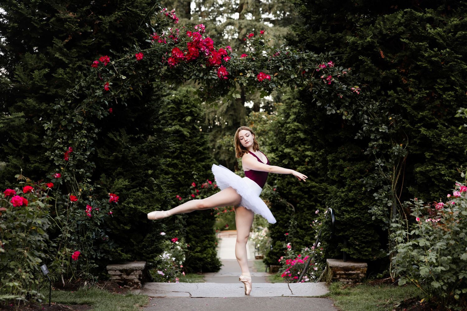 Ballerina in white tutu performs elegant arabesque pose under floral arch with red roses in lush garden setting.