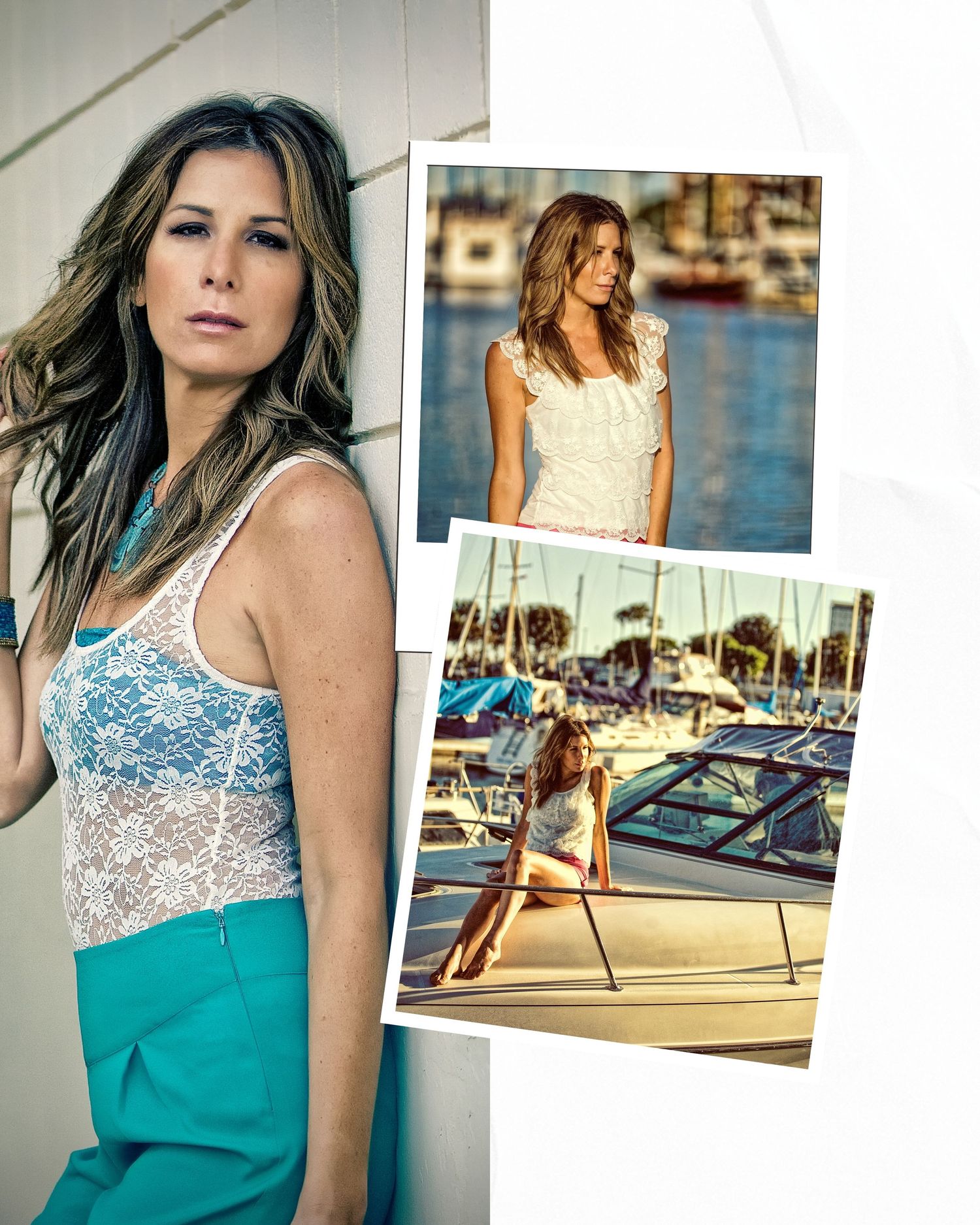 Woman in white lace top and teal skirt poses near marina, with polaroid-style photos of same woman at harbor.
