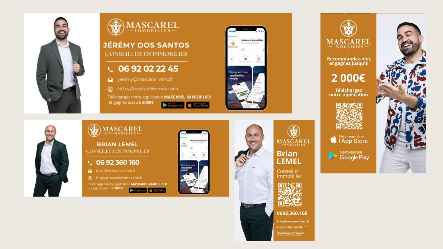 Professional business cards and mobile app mockups showcasing a modern brand identity design in orange and white colors.