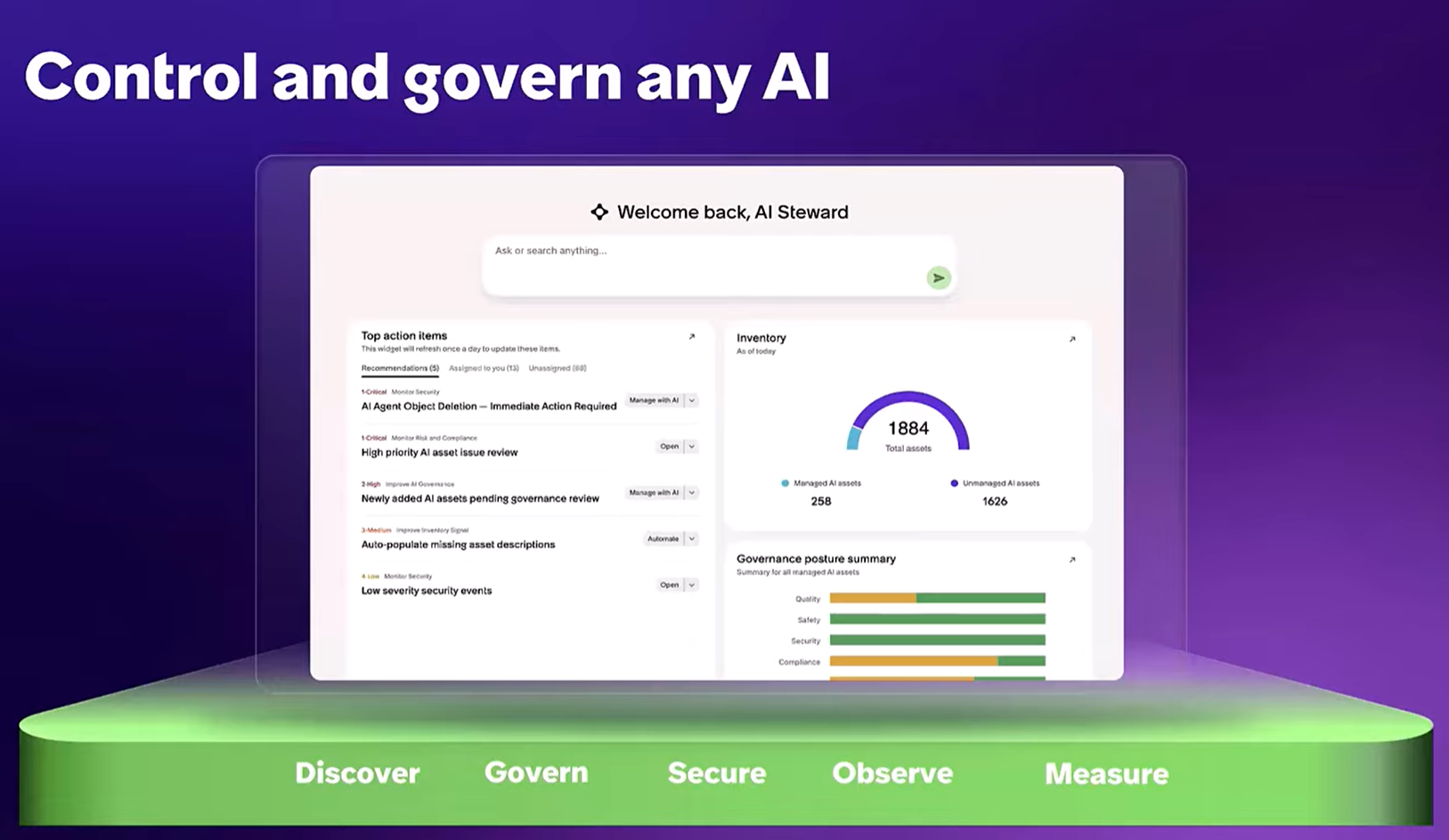 AI governance dashboard interface showing Discover, Govern, Secure, Observe, and Measure controls for managing any AI system.