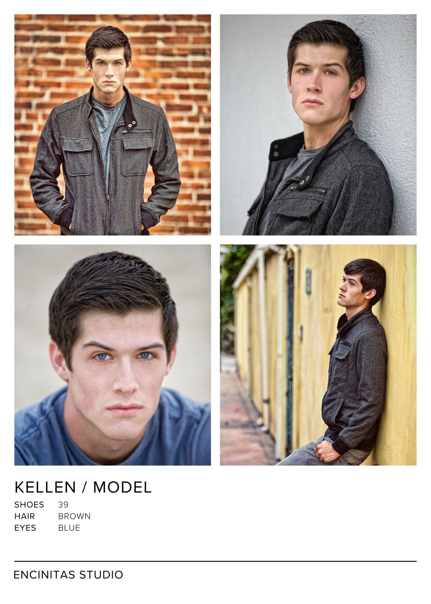 Male model Kellen with brown hair and blue eyes poses in four professional modeling shots for Encinitas Studio.