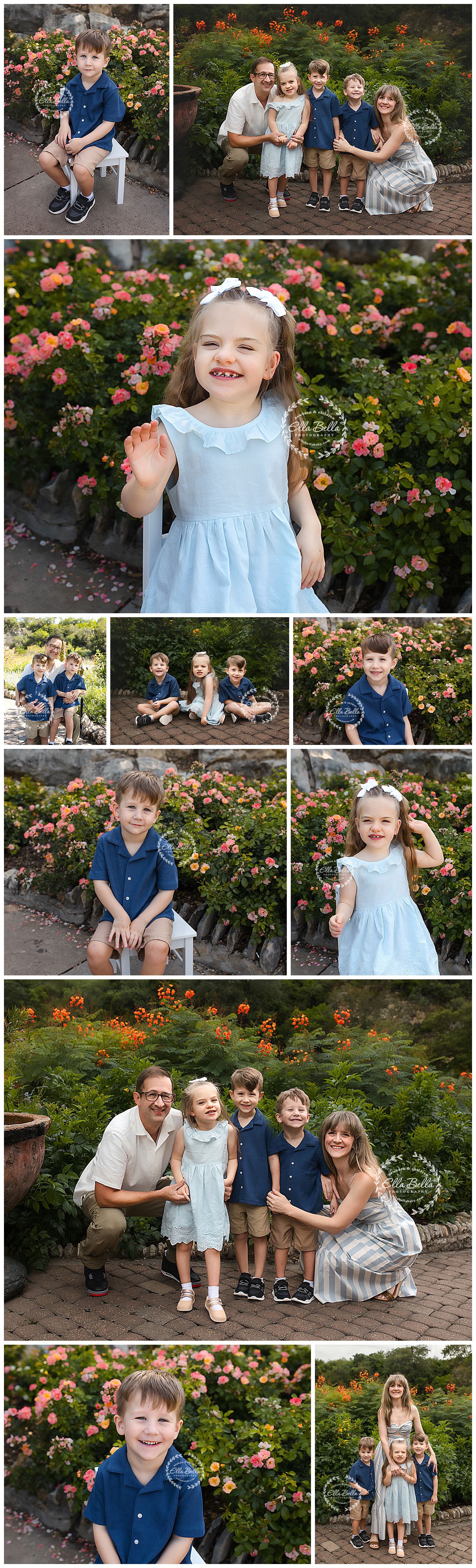 Family portrait session with parents and three children posing among colorful pink and orange flowering bushes outdoors.