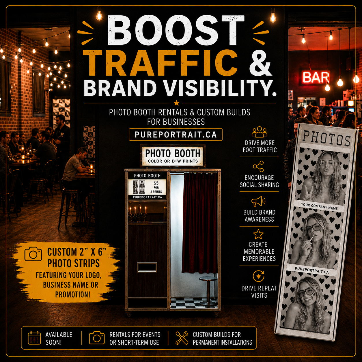 Photo booth rental ad for businesses showing custom 2x6 strips, brand visibility benefits, and event solutions from PurePortrait.ca.