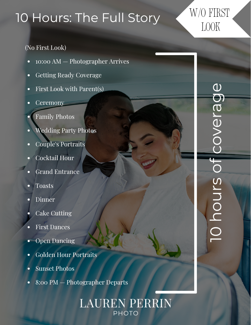 Wedding photography timeline infographic showing 10 hours of full coverage schedule with couple embracing in background.