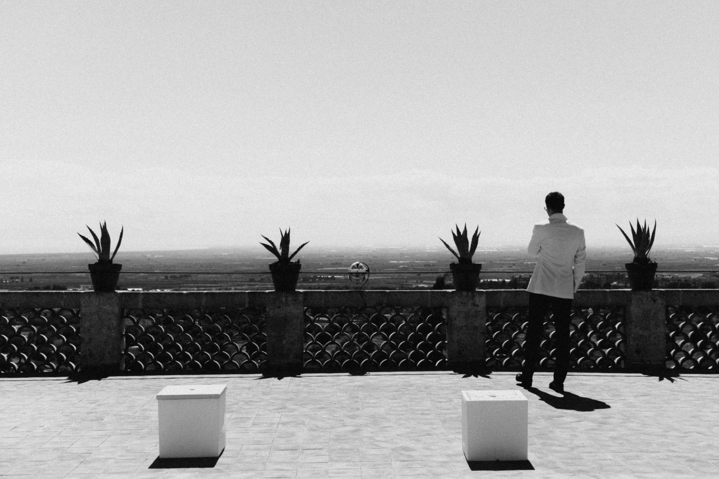 Black and white photo of a man in a suit standing on a terrace overlooking a vast landscape with potted plants.