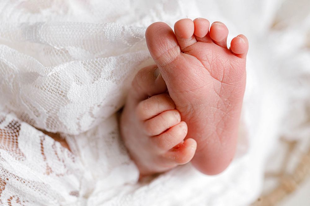 Close-up of tiny newborn baby feet resting on white lace fabric.