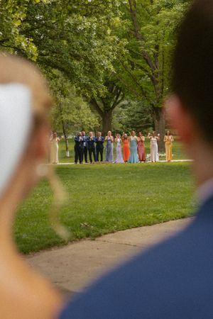 Wedding party in colorful gowns and suits standing on green lawn during outdoor ceremony.