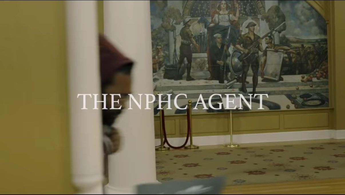 Title card reading The NPHC Agent displayed in elegant hallway with mural in background.