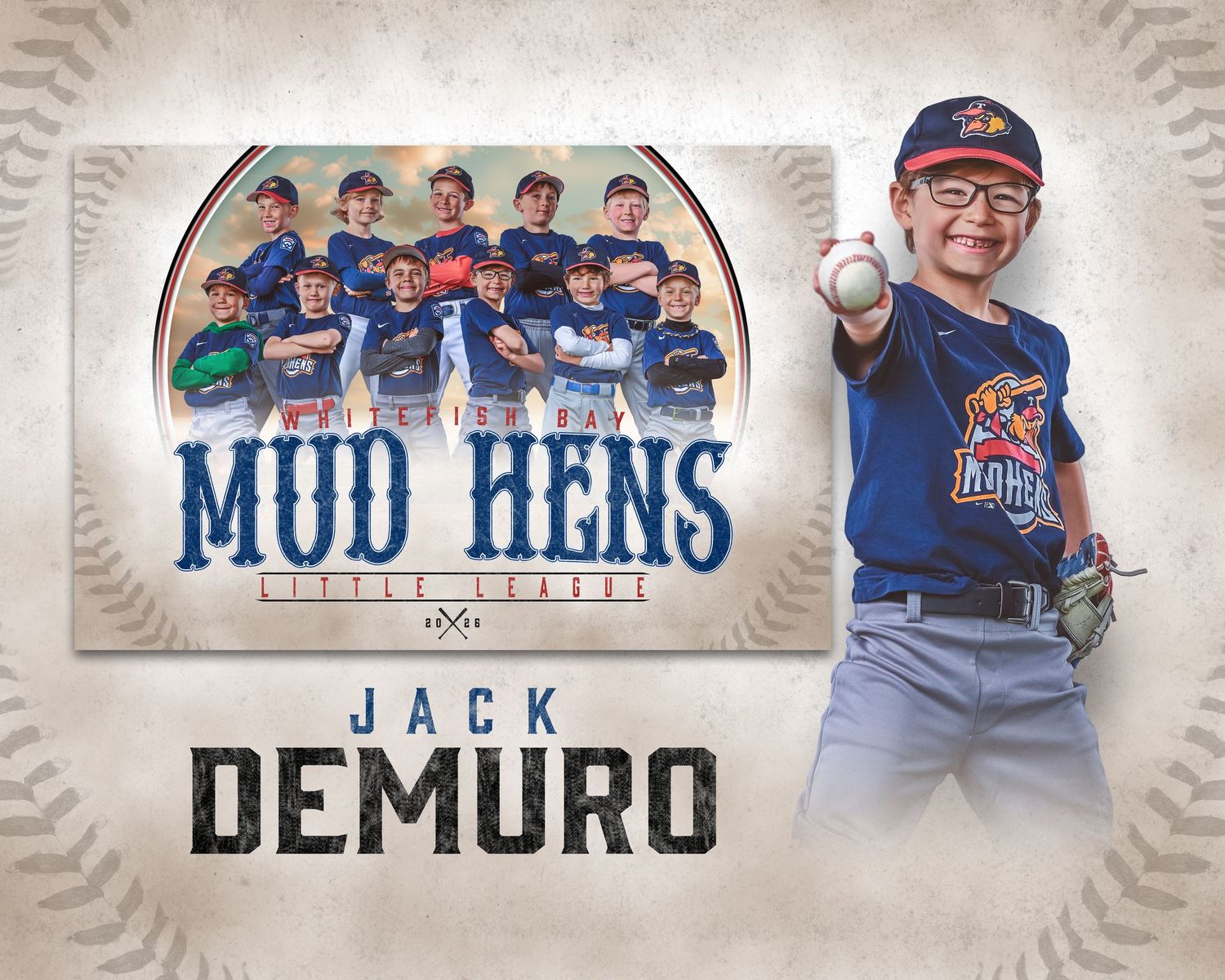 Youth baseball player Jack DeMuro poses in Mud Hens uniform holding a ball, with team photo composite card backdrop.