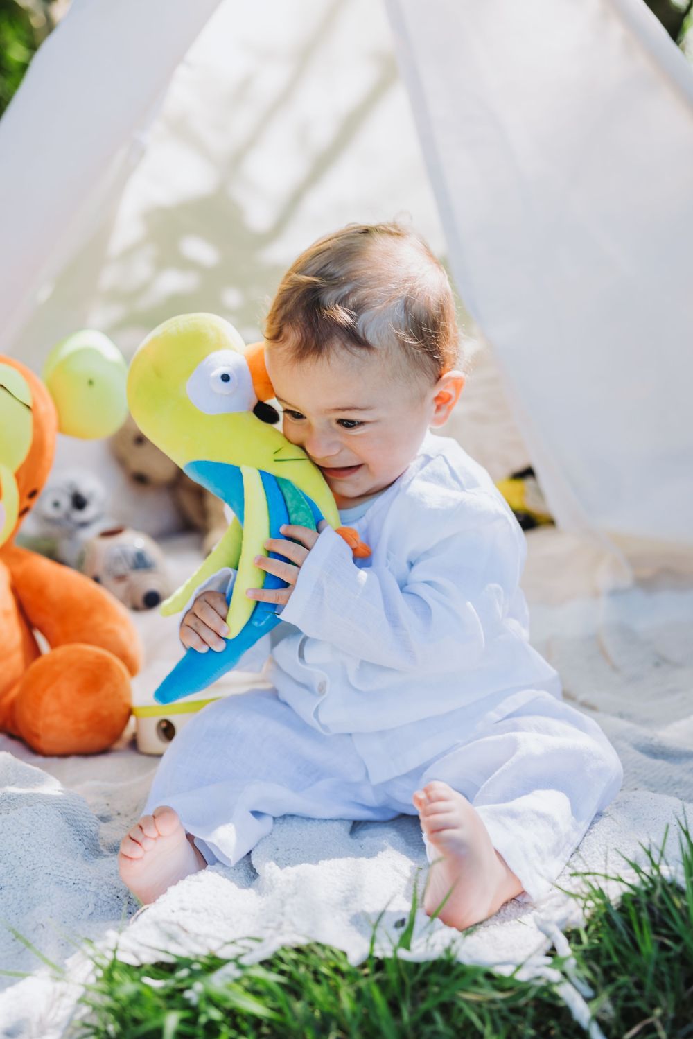 A lifestyle milestone portrait of a one-year-old  in blue outfit hugging a colorful parrot stuffed animal near a white teepee tent outdoors.