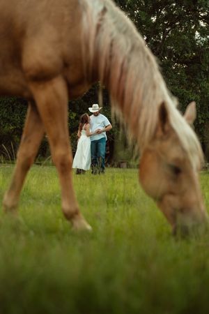 Horse grazing in foreground while couple embraces in green field near trees in soft bokeh background.