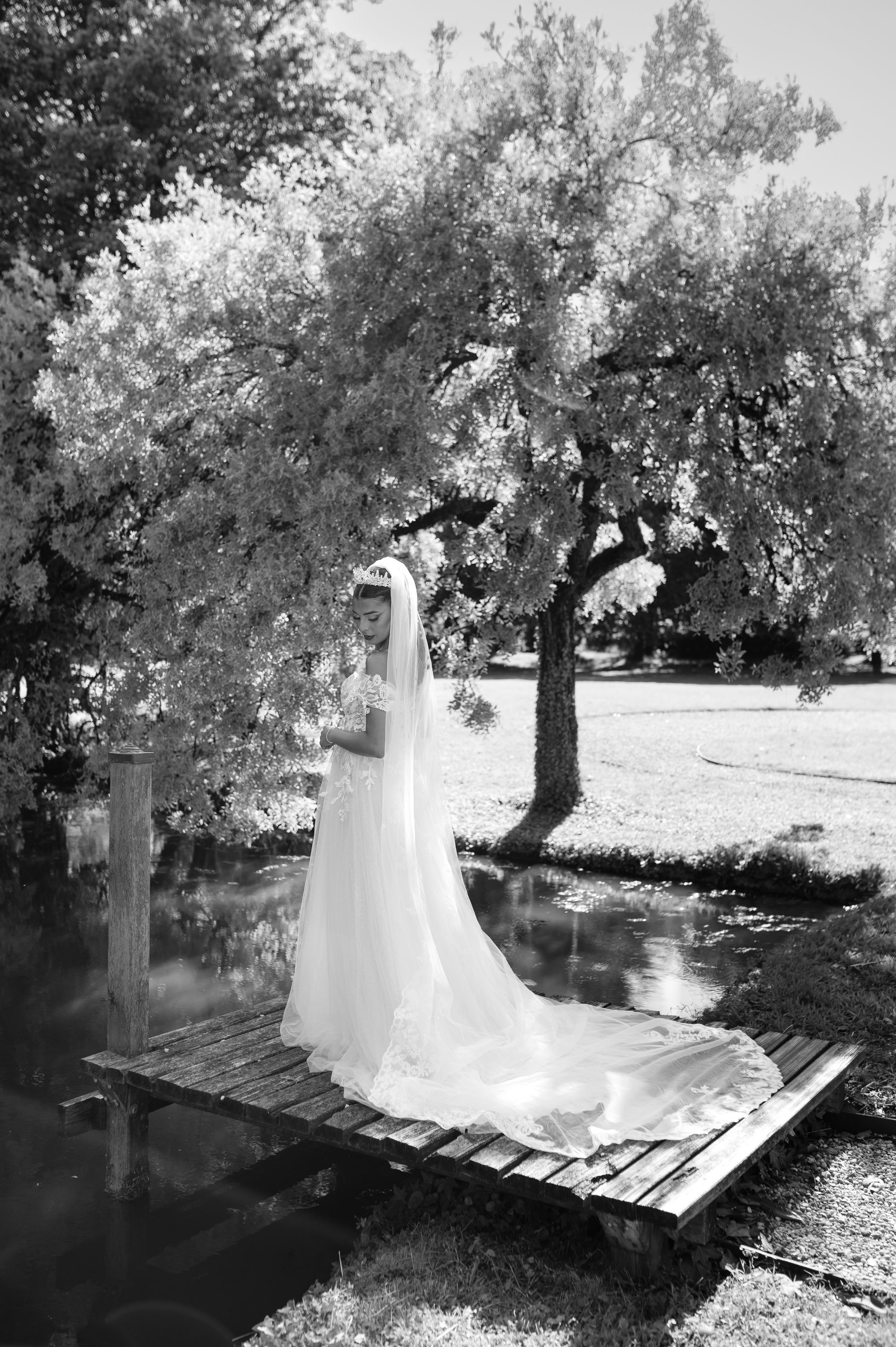 Bride in white gown and veil stands on wooden dock by pond under trees in black and white wedding photo.