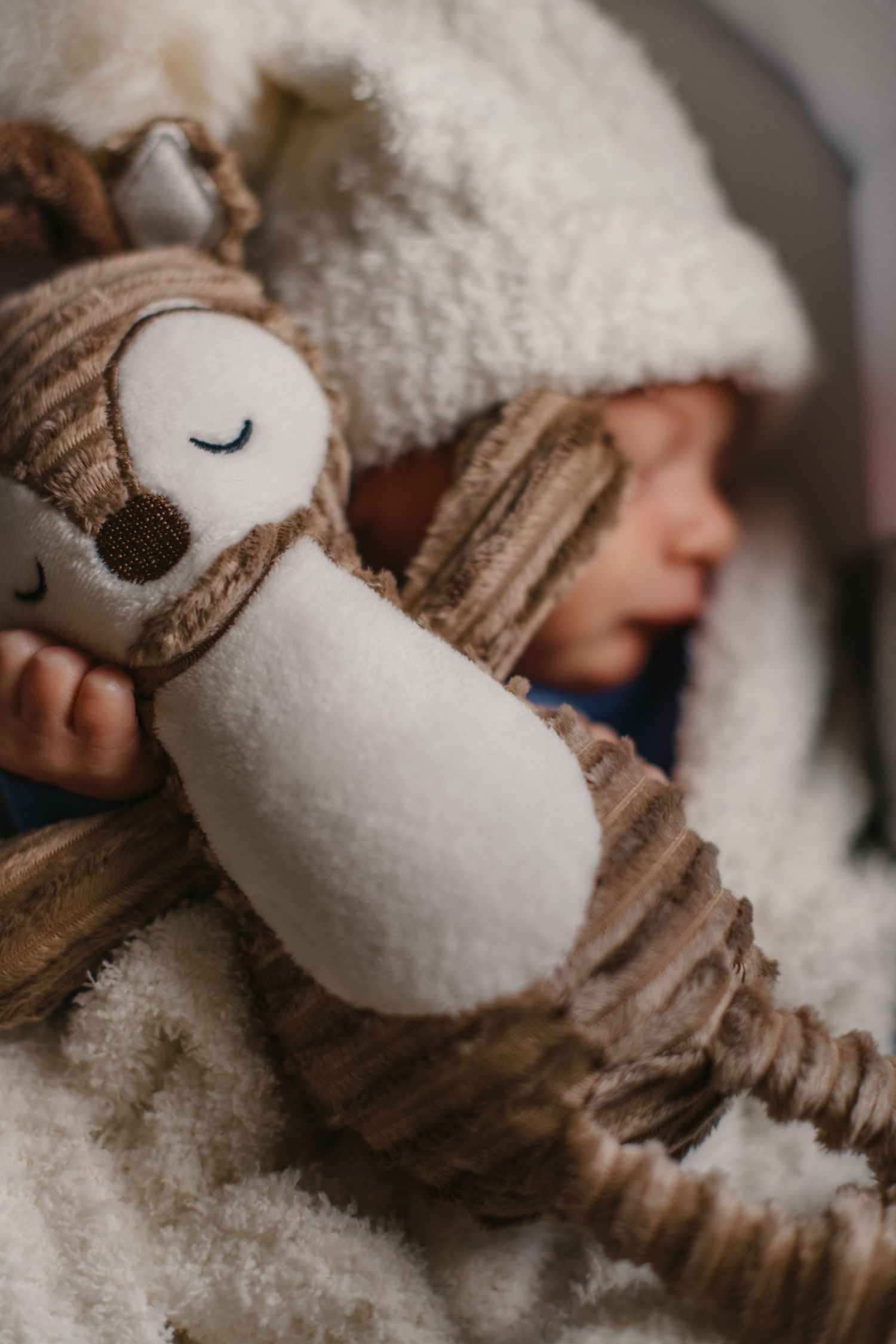 Plush animal toy rests beside sleeping baby in cozy blanket.