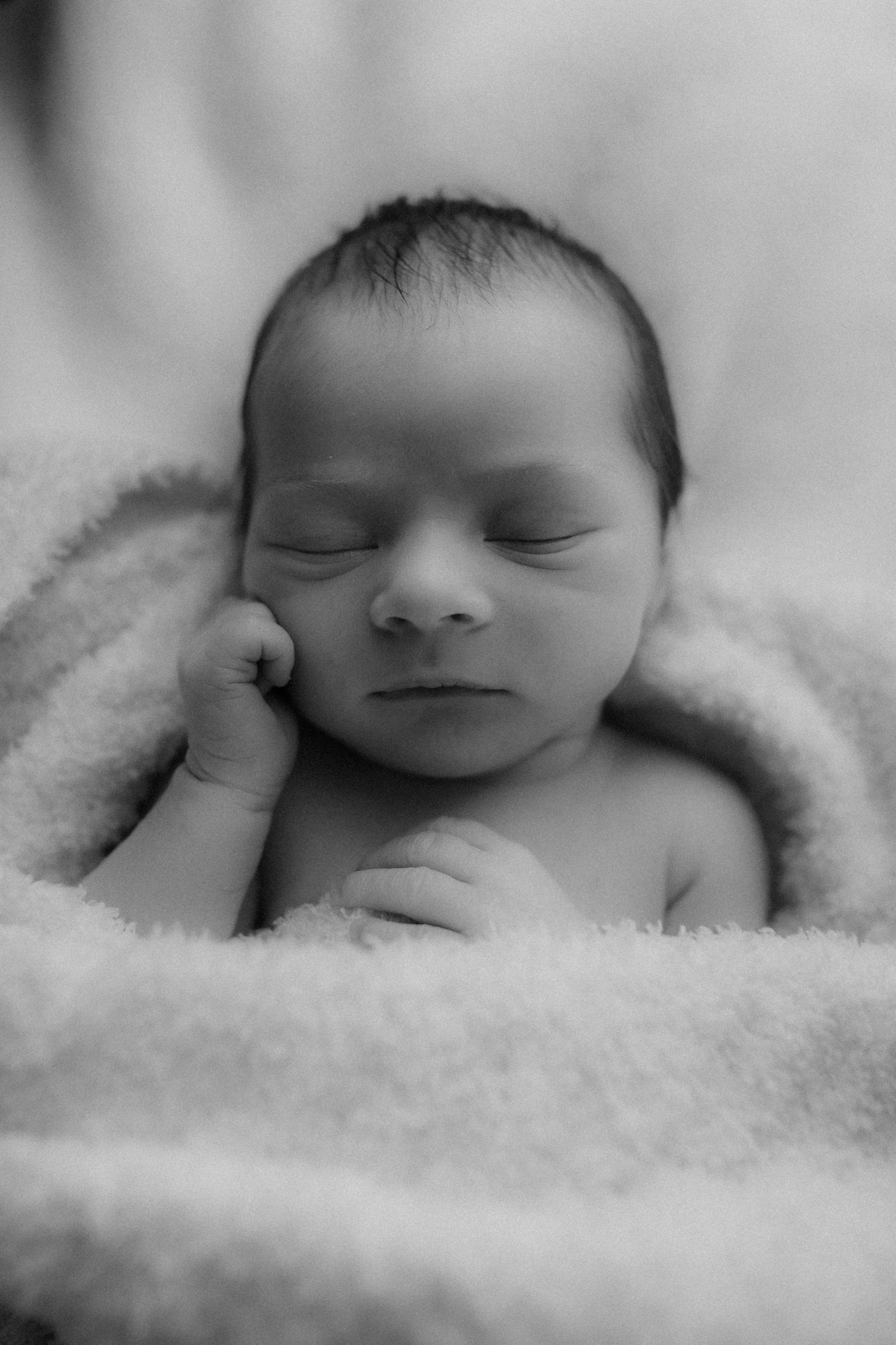 Black and white portrait of sleeping newborn wrapped in plush blanket.