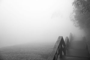 Wooden fence walkway disappearing into thick fog on a misty morning.