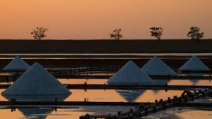 Triangular salt mounds create striking patterns in evaporation ponds during sunset.