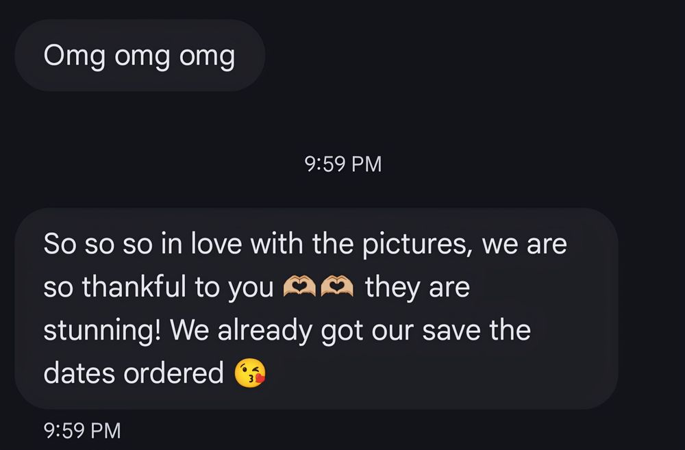 A dark chat interface showing text messages about pictures and save the date orders with timestamps at 9:59 PM.