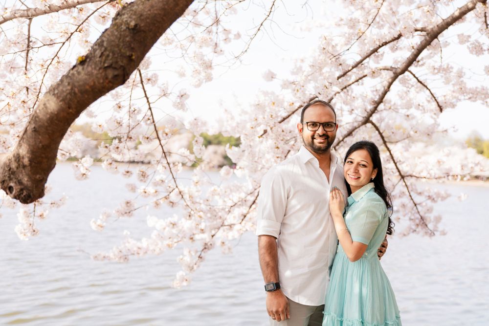 A couple poses beneath blooming cherry blossoms in a romantic spring photoshoot.