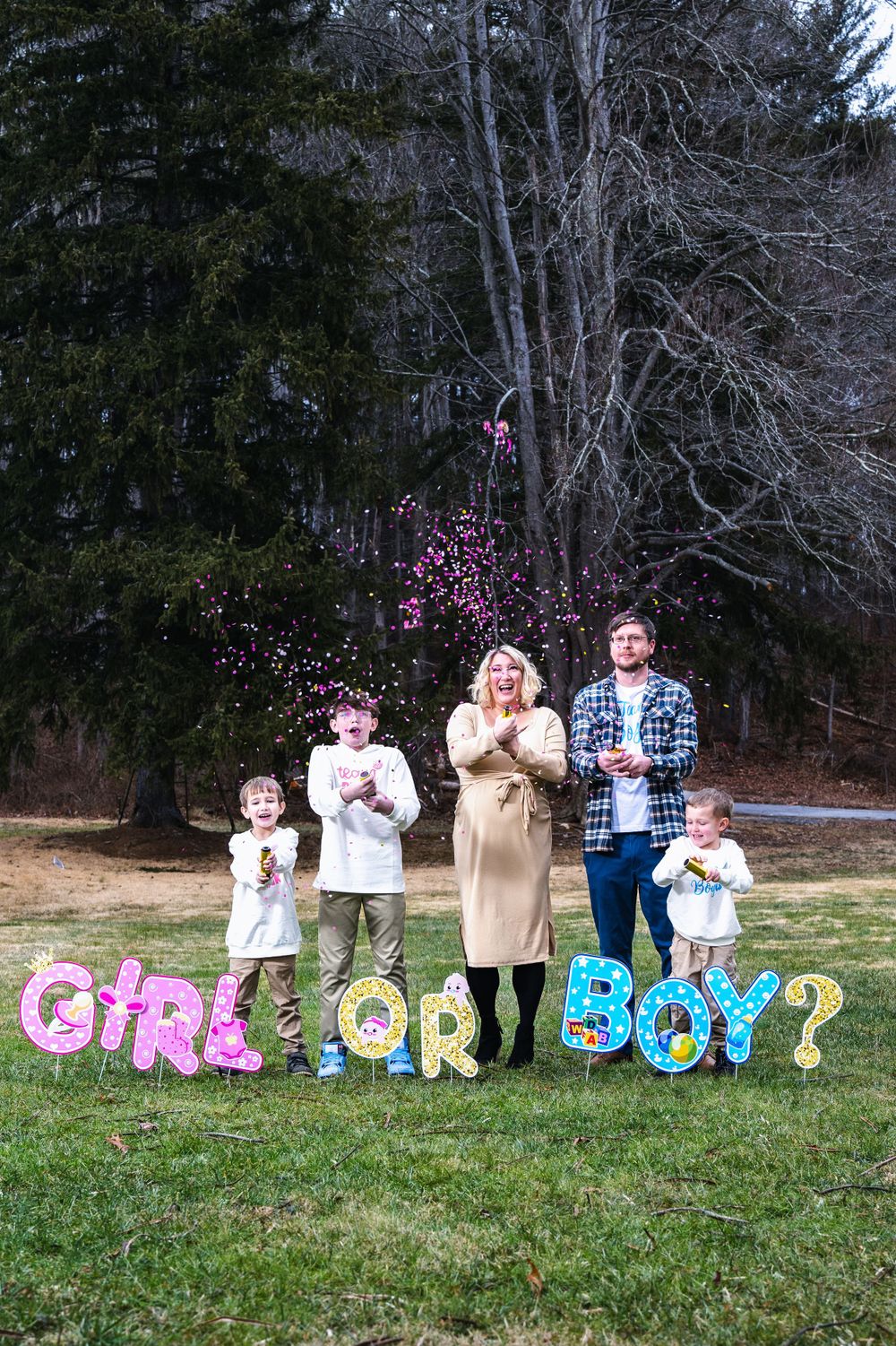 A gender reveal party outdoors with colorful letter decorations spelling 'GIRL OR BOY?' on grass with trees in background.
