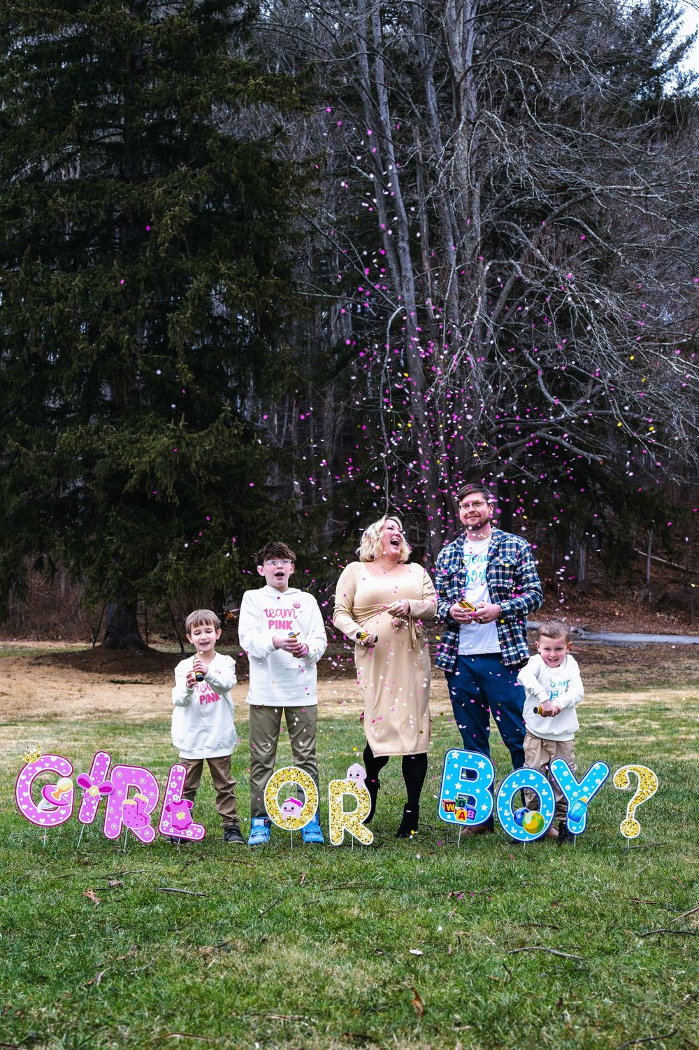 A gender reveal photo with balloon letters spelling 'GIRL OR BOY?' displayed on a grass lawn with trees in background.