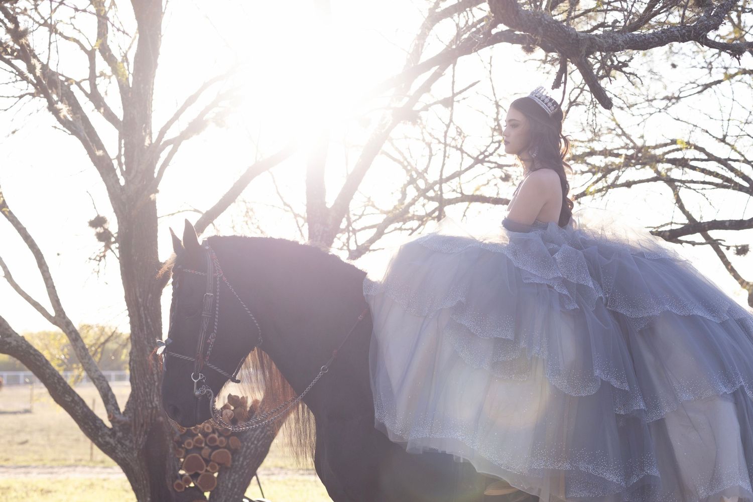 Person in an elegant white gown sitting on a dark horse during a dreamy outdoor photoshoot at sunset.